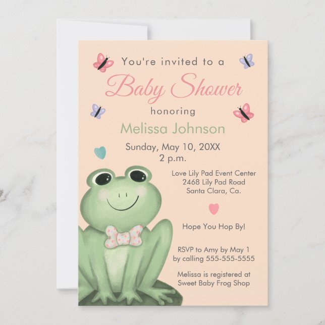Invitación Ducha de Bebé Rana Caprichosa Rosada (Anverso)