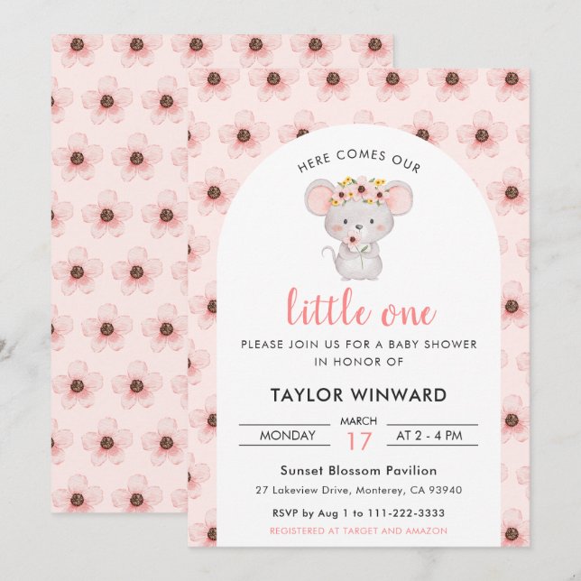 Invitación Ducha de Bebé Ratón Floral Rosa (Anverso / Reverso)