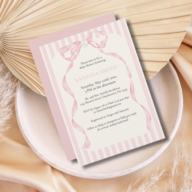 Invitación Ducha de Bebé Rayas de Lazo Rosa Niña Moderna (Subido por el creador)