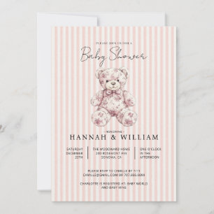 Invitación Ducha De Bebé Rayas Rosadas Toile De Jouy