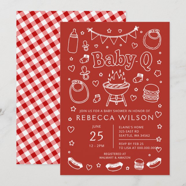 Invitación Ducha de bebé Red Baby Q Parrilla de barbacoa (Anverso / Reverso)