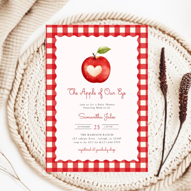 Invitación Ducha de bebé Red Gingham Apple of Our Eye (Subido por el creador)