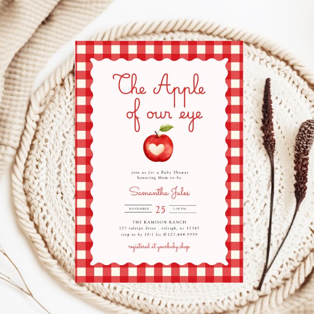 Invitación Ducha de bebé Red Gingham Apple of Our Eye (Subido por el creador)