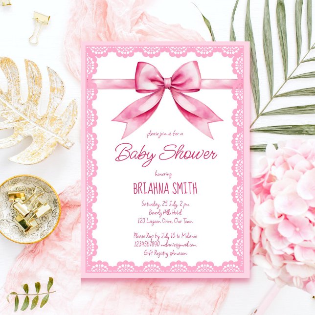 Invitación Ducha de bebé retro arco rosado (Pink bow retro lace baby shower editable template invitation instant download cute girly pink)