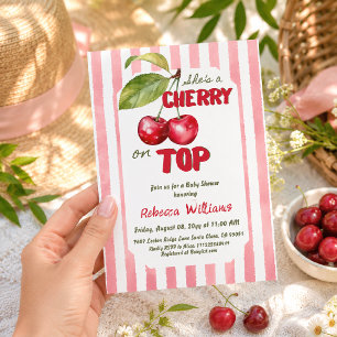 Invitación Ducha de Bebé Retro Cereza en la Parte Superior co