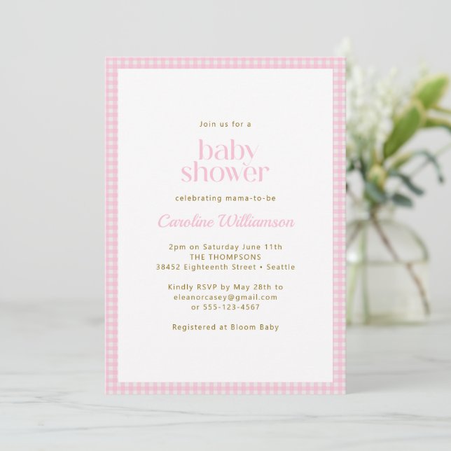 Invitación Ducha de Bebé Retro con Cuadro de Gingham Rosa (Anverso de pie)