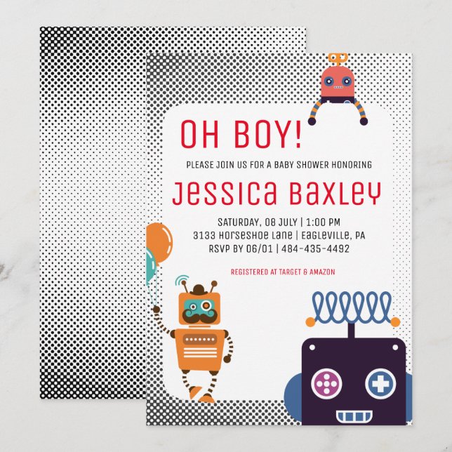 Invitación Ducha de bebé Robot Retro (Anverso / Reverso)