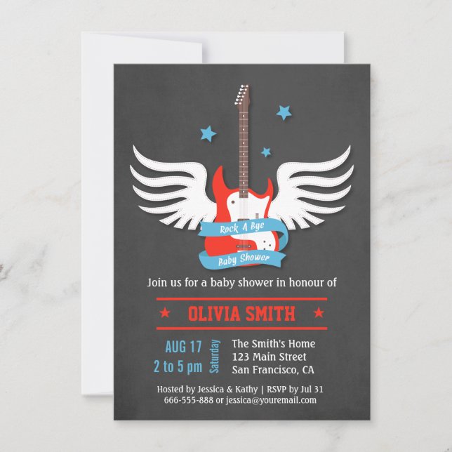 Invitación Ducha de bebé Rock and Roll con Estilo Rockea, Beb (Anverso)