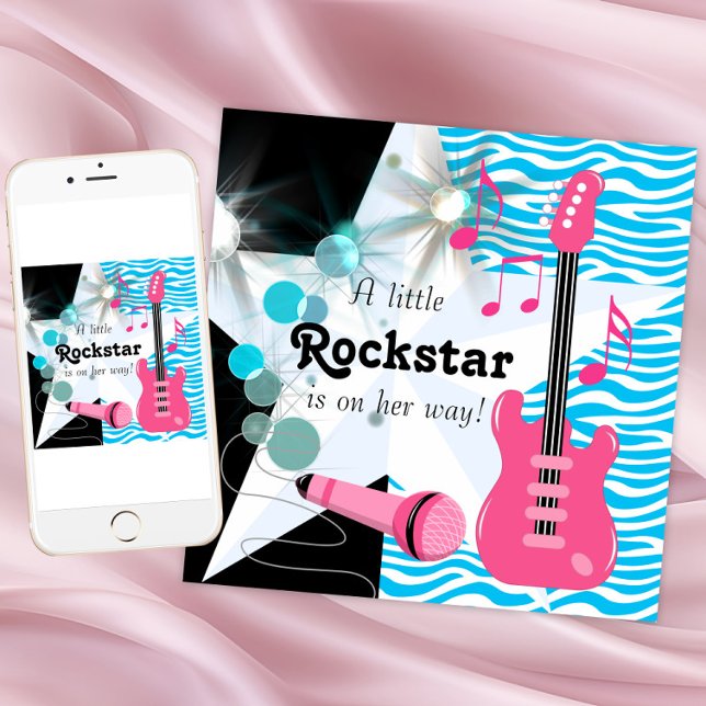 Invitación Ducha de Bebé Rockstar Cebra Azul Turquesa (Rockstar baby shower invitation. Digital download and printed invitations available.)