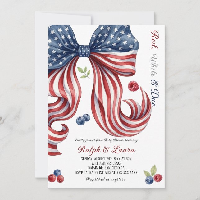 Invitación Ducha de bebé Rojo Blanco y Debida Cinta (Anverso)