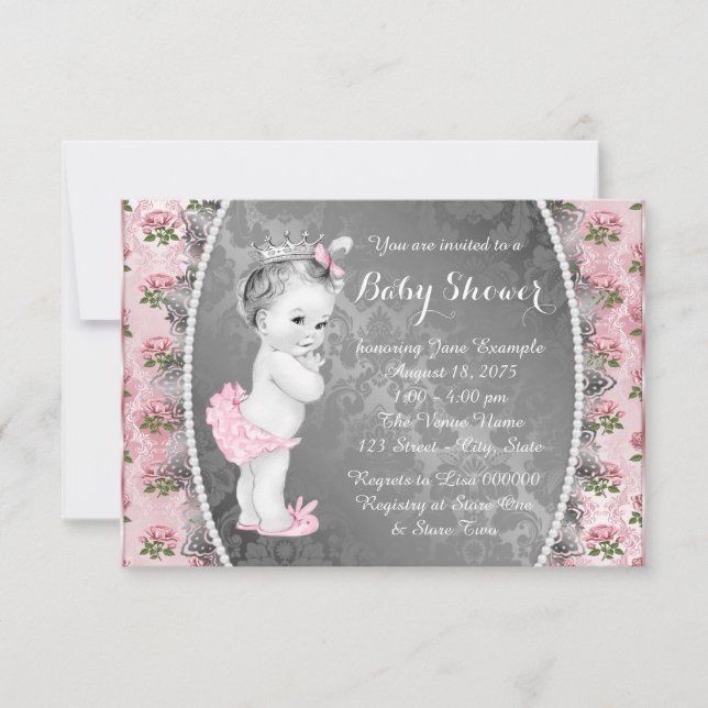 Invitación Ducha de Bebé Rosa Bonito Rosa y Gris (Anverso)