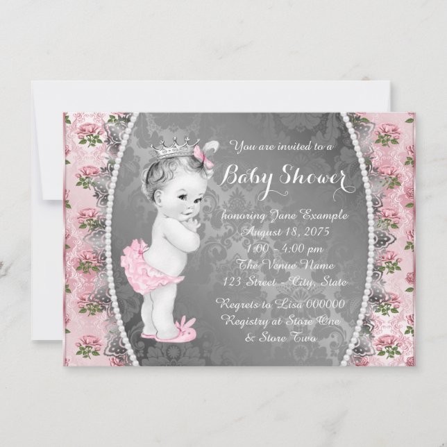 Invitación Ducha de Bebé Rosa Bonito Rosa y Gris (Anverso)