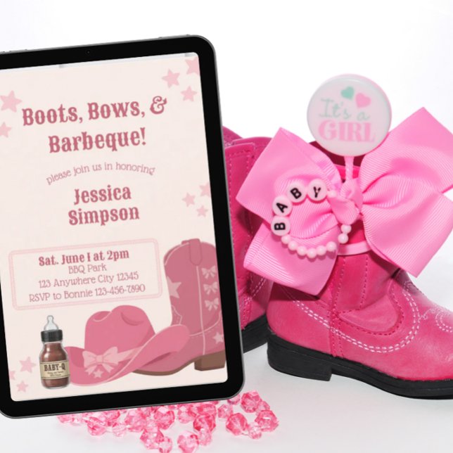 Invitación Ducha de Bebé Rosa Botas, Lazos y Barbacoa (Subido por el creador)