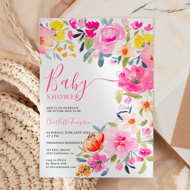 Invitación Ducha de bebé rosa con acuarela floral audaz de Bo (Bohemian bold floral watercolor pink baby shower invitation)