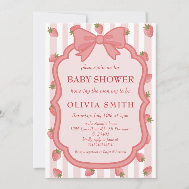 Invitación Ducha de bebé rosa dulce de fresa Coquette  (Anverso)