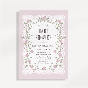 Invitación Ducha de Bebé Rosa Inspirada en Vintage con Encaje