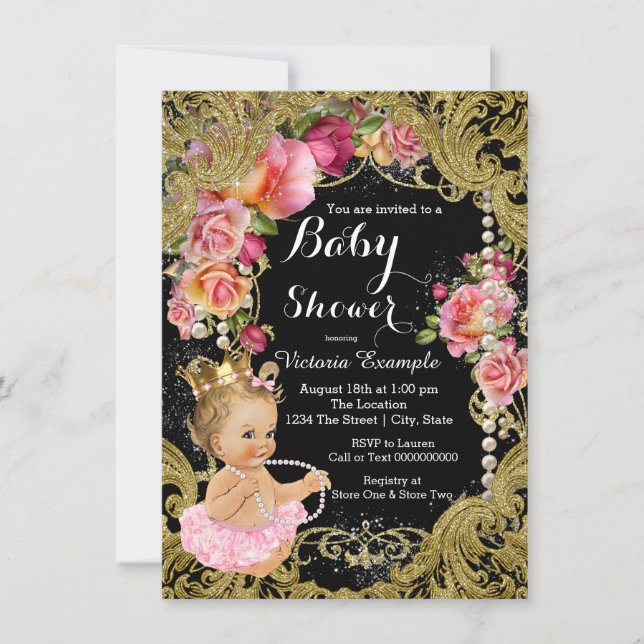 Invitación Ducha de Bebé Rosa Negro Oro Chintz Rosa Perla (Anverso)