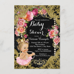 Invitación Ducha de Bebé Rosa Negro Oro Chintz Rosa Perla