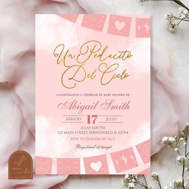 Invitación Ducha de bebé rosa sonrosado trozo de cielo españo (Subido por el creador)