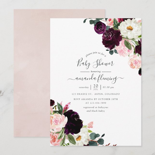 Invitación Ducha de Bebé Rosa y Ciruela de Borgoña (Anverso / Reverso)