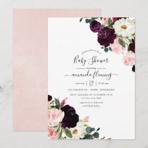 Invitación Ducha de Bebé Rosa y Ciruela de Borgoña