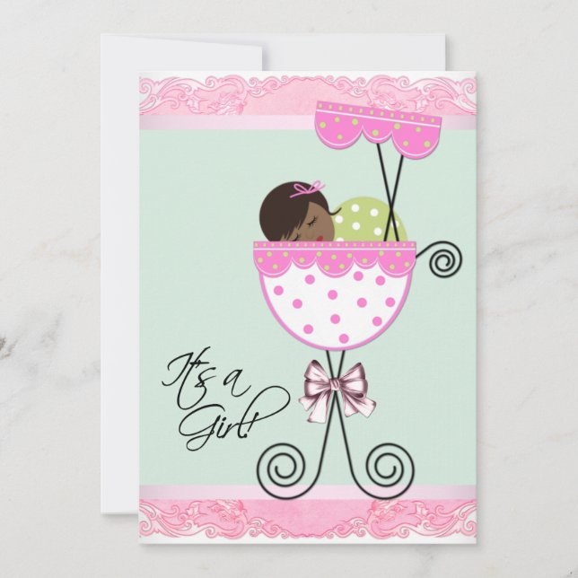 Invitación Ducha de bebé rosa y verde (Anverso)