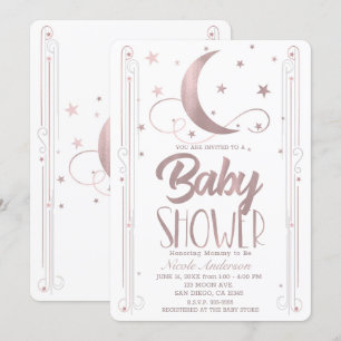 Invitación Ducha de Bebé Rosada Dorada Caprichosa Luna Estrel