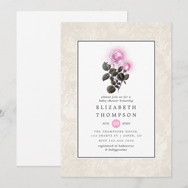 Invitación Ducha de Bebé Rosas Rosadas Brillantes (Anverso / Reverso)