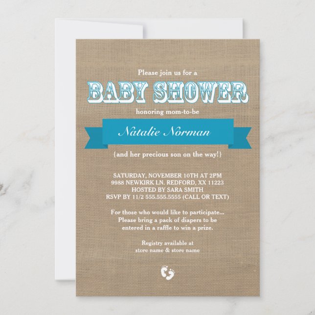 Invitación Ducha de bebé rústica con lazo azul (Anverso)