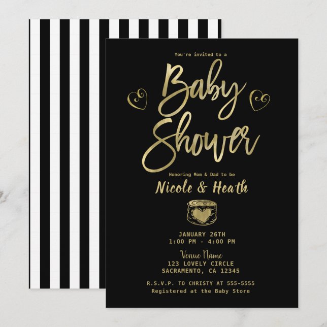 Invitación Ducha de bebé rústica con rayas blancas y negras y (Anverso / Reverso)