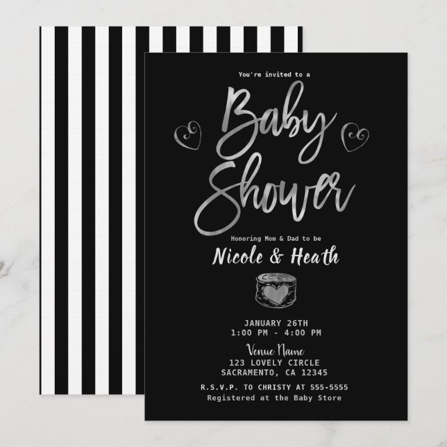 Invitación Ducha de bebé rústica de rayas blancas y negras y  (Anverso / Reverso)