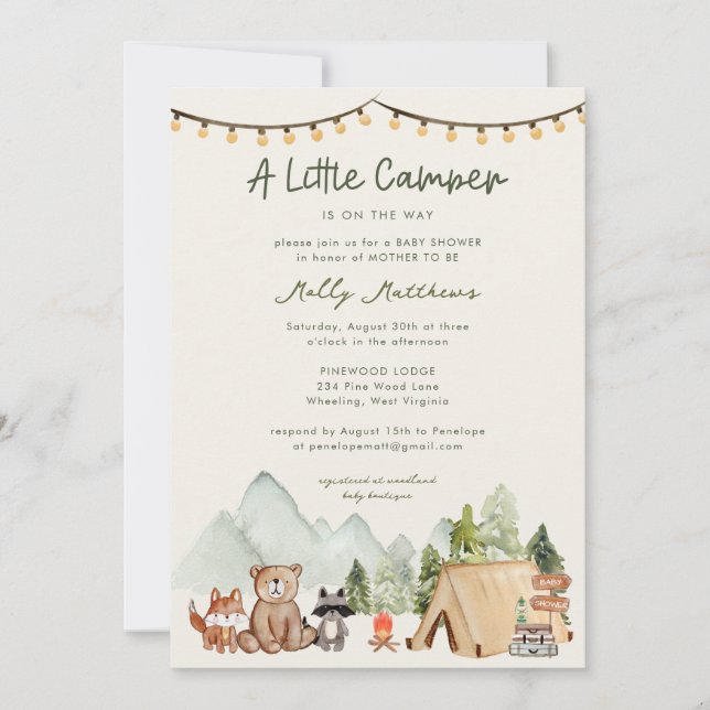 Invitación Ducha de bebé rústica del pequeño campamento del b (Anverso)