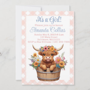 Invitación Ducha de bebé rústica florida de vaca Highland