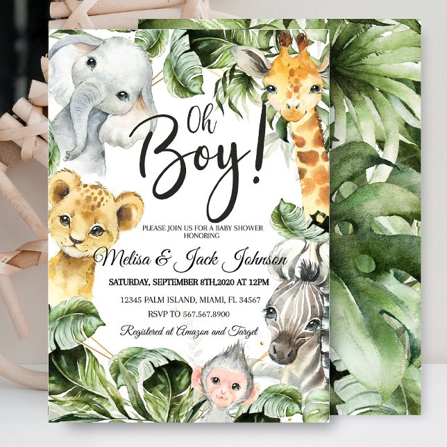 Invitación Ducha de bebé Safari (Safari Baby Shower Baby Boy Shower invitation with jungle animals like lions, giraffes, and elephant)