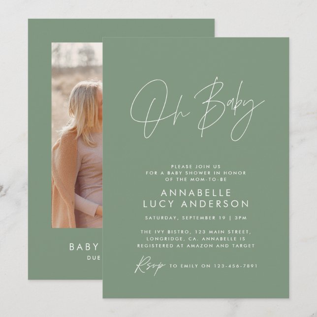 Invitación Ducha de bebé sage moderno verde elegante foto (Anverso / Reverso)