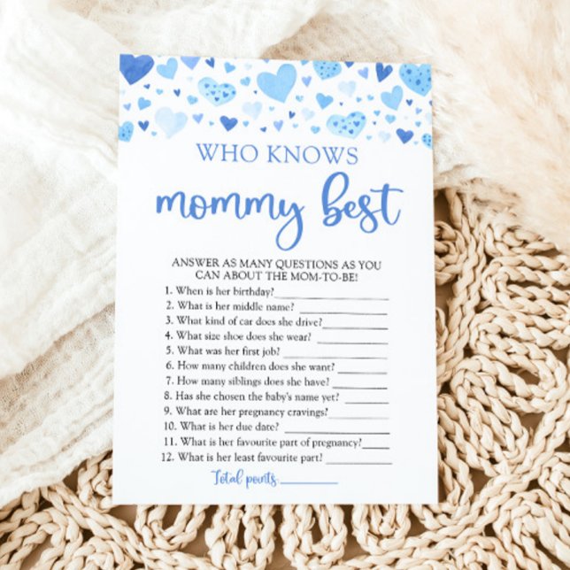 Invitación Ducha de bebé 'San Valentín: Quién conoce mejor a  (Watercolor Cute Blue Hearts Valentine Sweetheart February Boy Who Knows Mommy Best Baby Shower Game)
