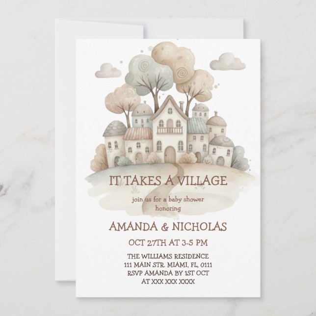 Invitación Ducha de Bebé 'Se Necesita un Pueblo' (Anverso)