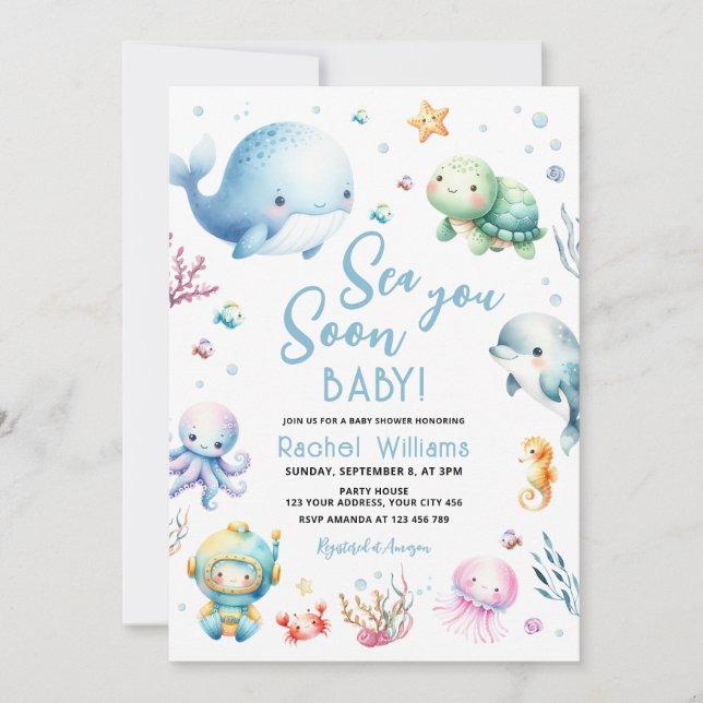 Invitación Ducha de Bebé Sea You Soon (Anverso)