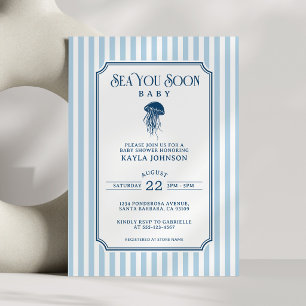 Invitación Ducha de Bebé Sea You Soon Elegante Franja Azul y 