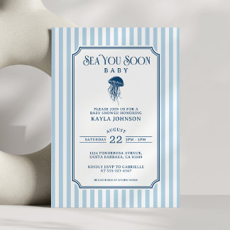 Invitación Ducha de Bebé Sea You Soon Elegante Franja Azul y 