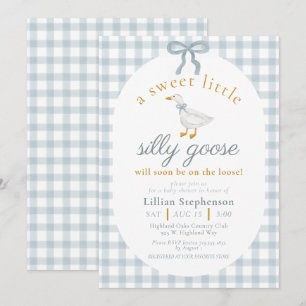 Invitación Ducha de bebé Silly Goose Blue Bow Duck Gingham