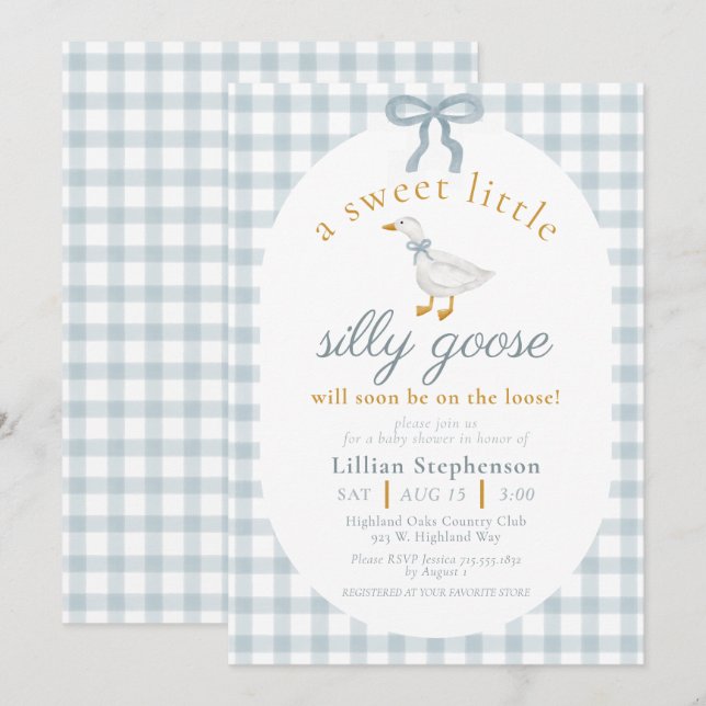 Invitación Ducha de bebé Silly Goose Blue Bow Duck Gingham (Anverso / Reverso)