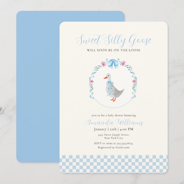Invitación Ducha de Bebé Silly Goose Bosque de Gingham Azul (Anverso / Reverso)