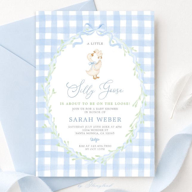 Invitación Ducha de bebé Silly Goose con Gingham Azul (Subido por el creador)