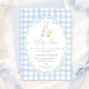 Invitación Ducha de bebé Silly Goose con Gingham Azul