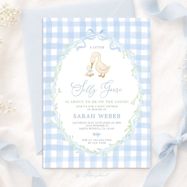 Invitación Ducha de bebé Silly Goose con Gingham Azul (Subido por el creador)