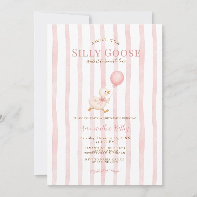 Invitación Ducha de Bebé Silly Goose con Rayas Rosadas (Anverso)