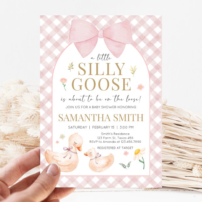 Invitación Ducha de bebé Silly Goose de cuadros rosas (Silly Goose Baby Shower Invitation)