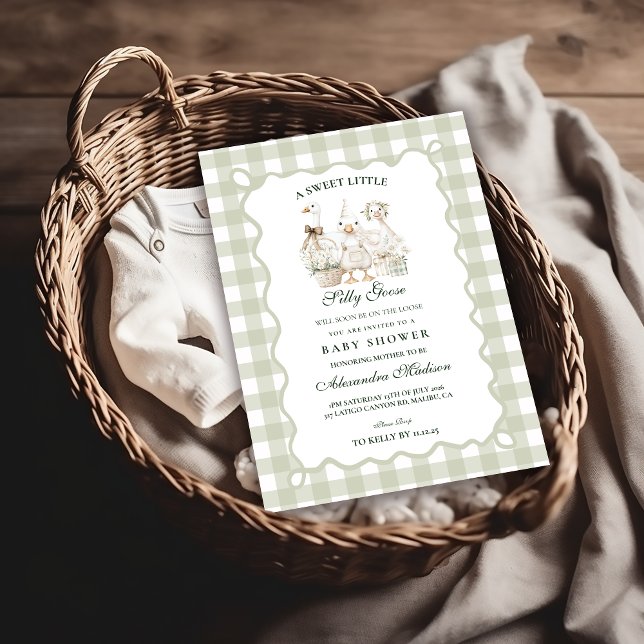 Invitación Ducha de bebé Silly Goose en Sage Gingham (Subido por el creador)