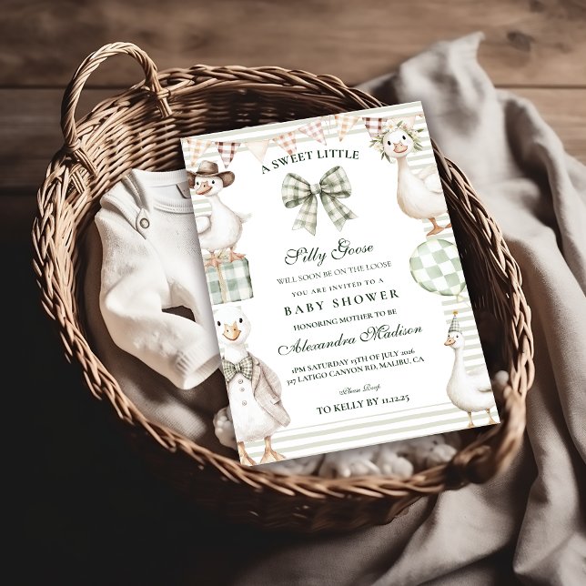Invitación Ducha de bebé Silly Goose en Sage Gingham (Subido por el creador)
